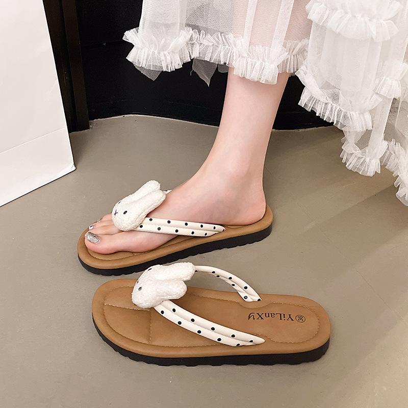 2025 Summer Internet Celebrities with the Same Versatile Casual Herringbone Cool Slippers Cute Cartoon Soft Cute Rabbit Flat Bottom Popular