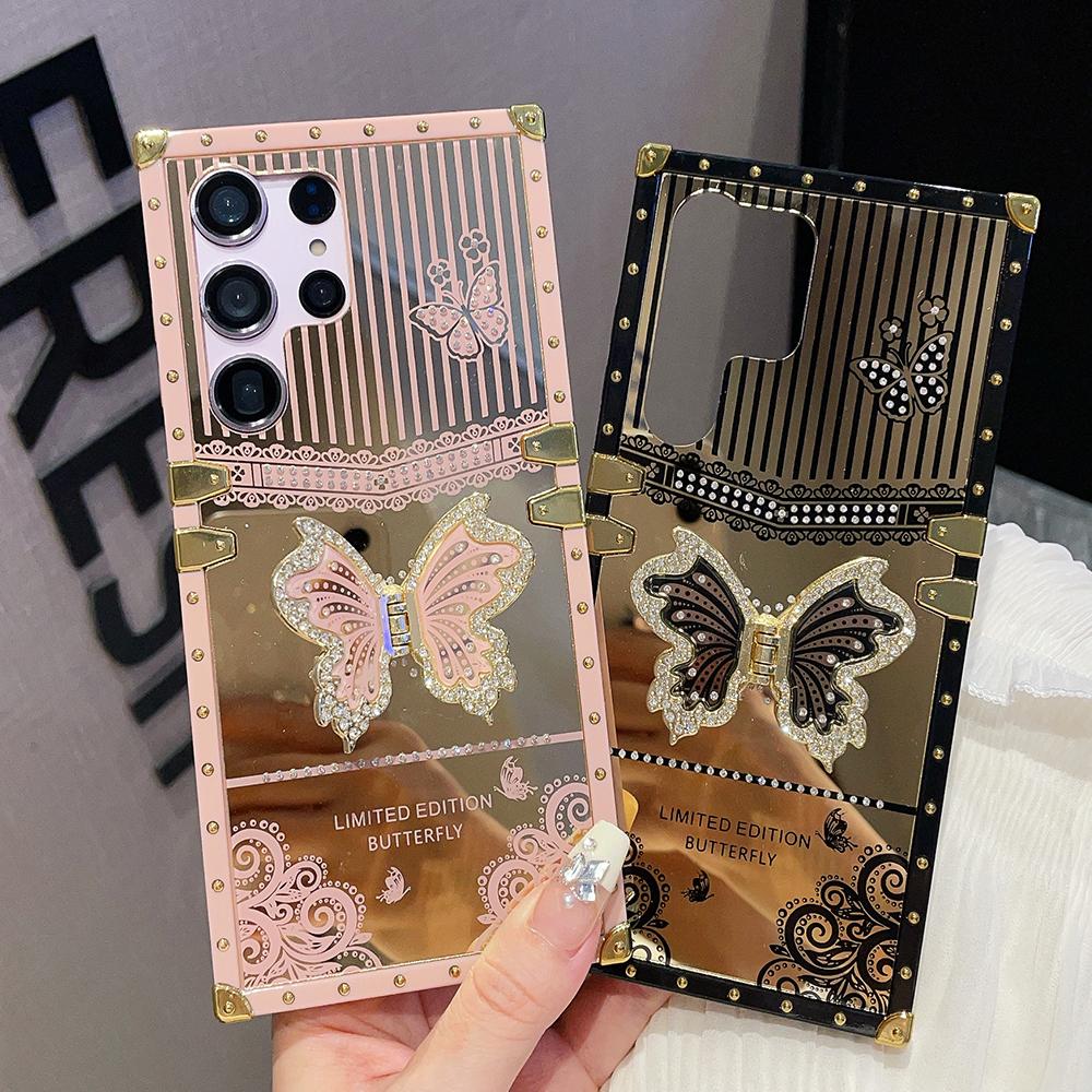 Luxuriöse Handyhülle mit Schmetterlingshalterung und Diamanten für Samsung S24 Ultra S23 Plus S22 S21 A24 A73 A72 A54 5G A53 A34 A32 A22 A13 Cover