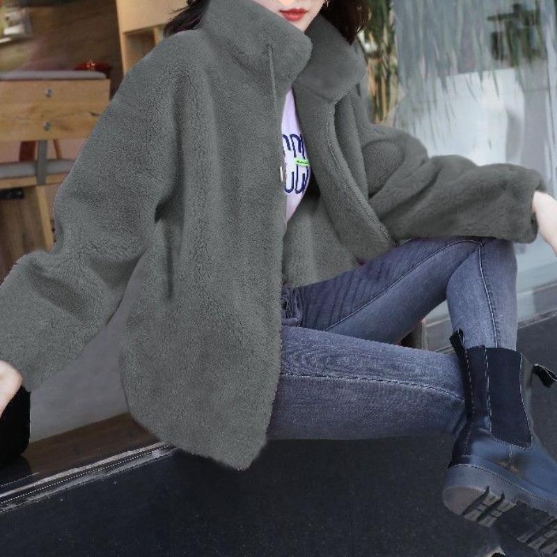 Autumn and winter large size fleece thickened short jacket double-sided fleece stand-up collar fleece solid color sweater women's tide