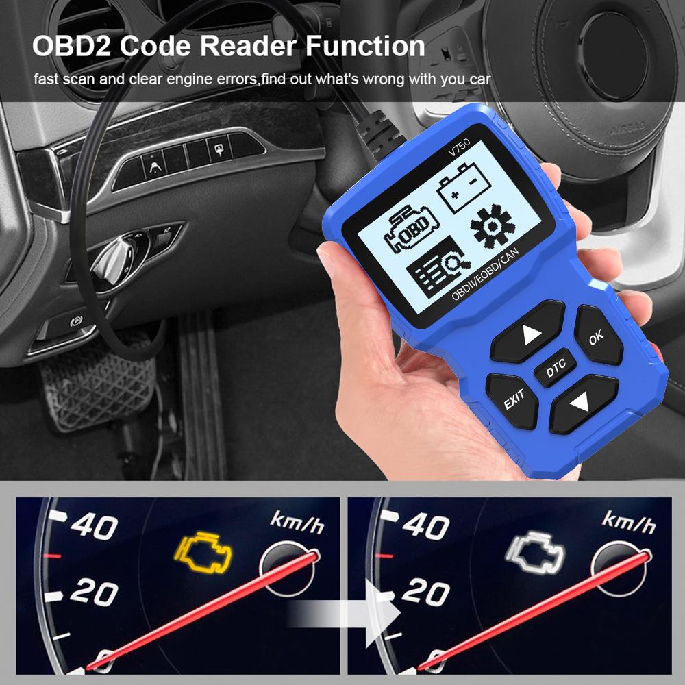 Instrument de diagnosticare auto în mai multe limbi Scaner OBD2 Cititor de coduri V750 Tester de baterie Citiți informații despre vehicul Verificați sistemul motorului