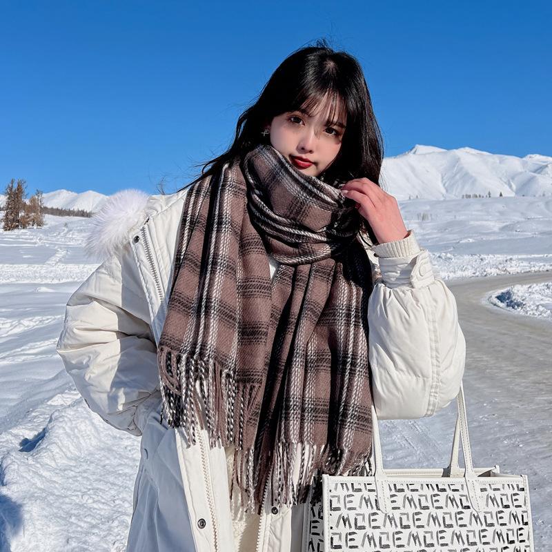 Korean Version of Japanese Fringed Plaid Scarf for Women's Autumn and Winter Imitation Cashmere Thickened Warm Neck Protection Scarf for Student 