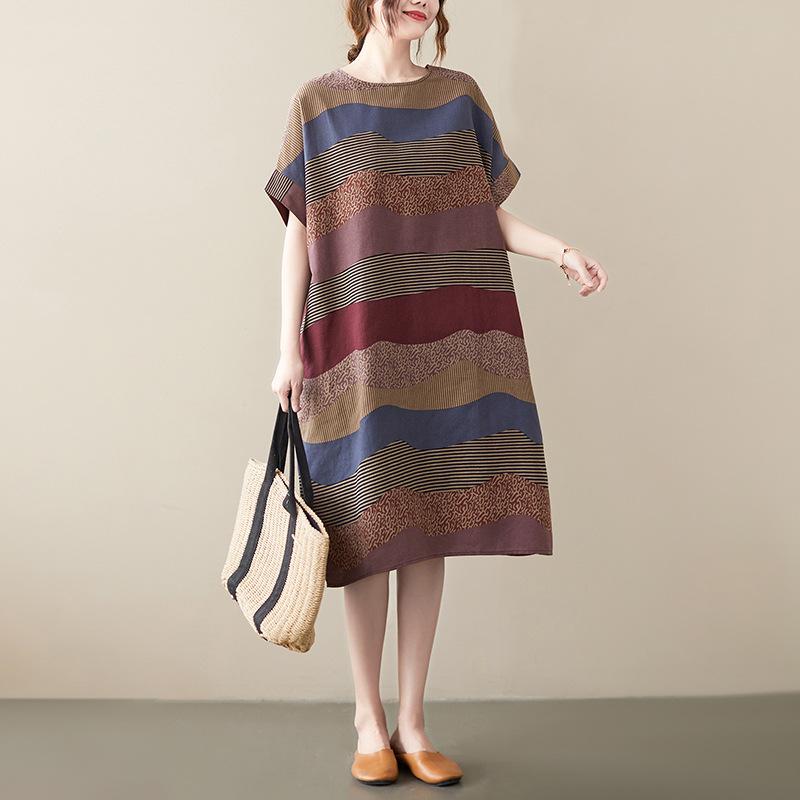 Summer Fat MM Cotton Hemp Retro Flower Art Knee Length Short Sleeved Dress for Women