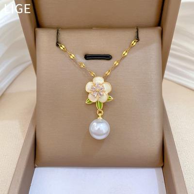 Pearl Oil Drop Flower Court Temperament Gorgeous Full Diamond Necklace Female Versatile Collarbone Chain Titanium Steel Chain