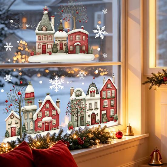 Transparent Christmas Ornaments Static Window Clings, Snowy Town House Snowflake Glass Decals, Reusable Clings Xmas Stickers, Holiday Decor