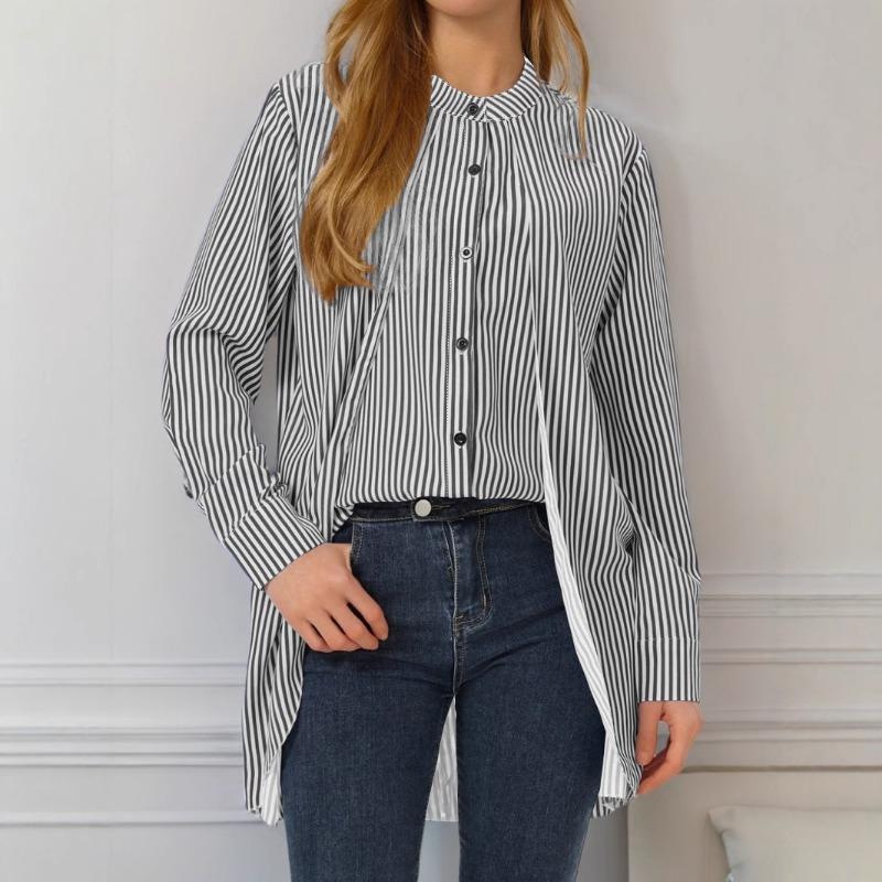 Women's Striped Fake Two-piece Round Neck Long Sleeved Shirt Suitable for All Seasons Casual Shirt