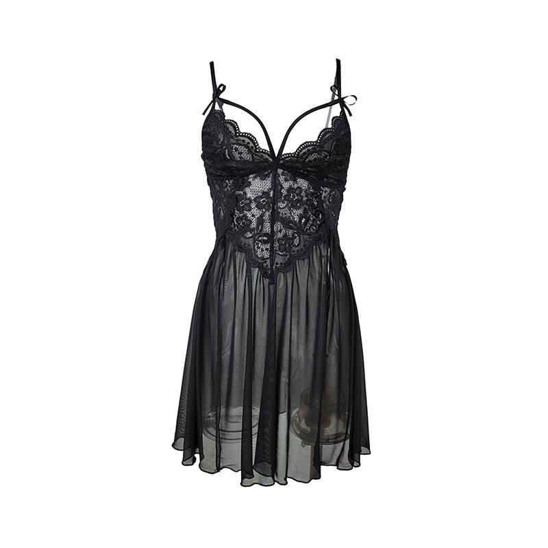 Ladies Summer Sexy Mesh See-through Lace Embroidered Sling Pajamas