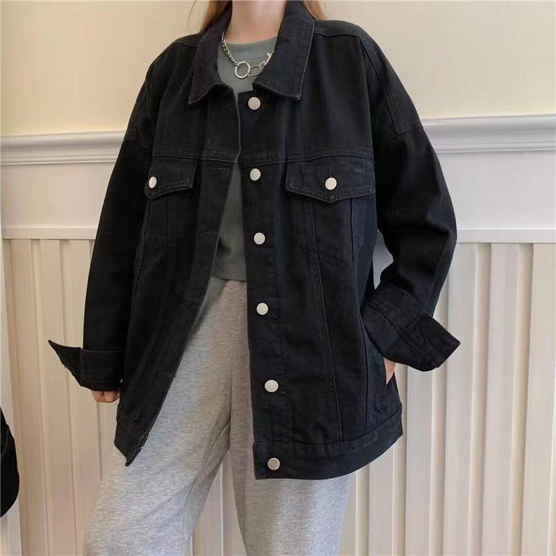 

2023 Женская черная корейская повседневная свободная джинсовая куртка BF - модный стиль весна/осень 3XL чёрный