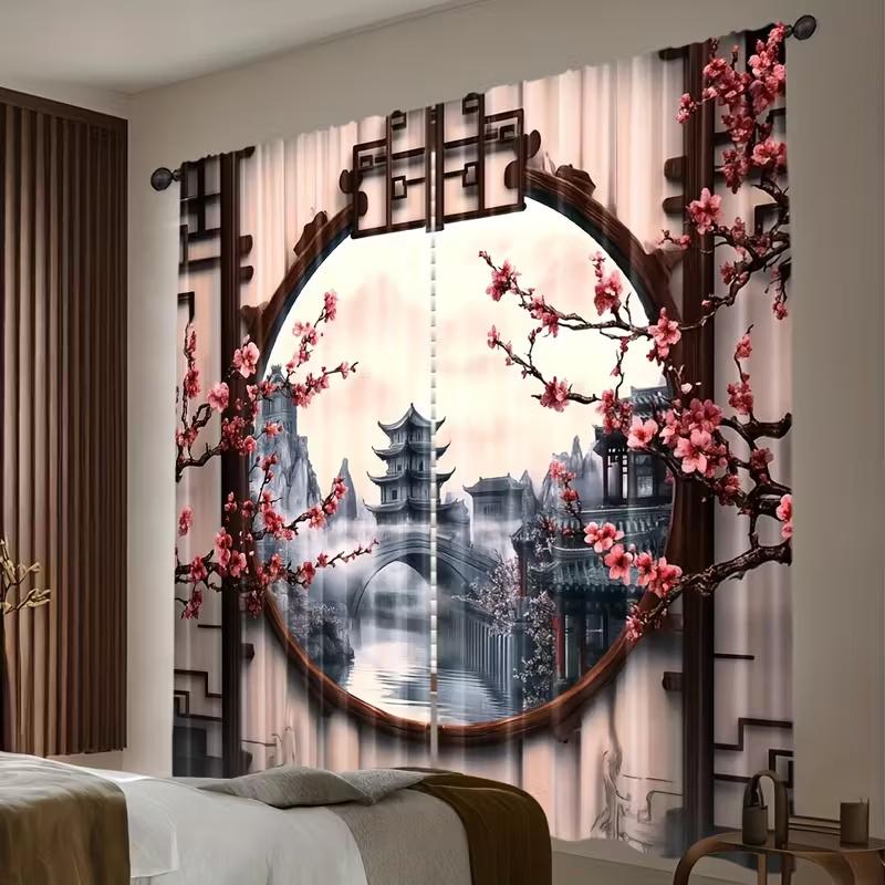2 Pcs Chinese-style architecture print curtains,suitable for bedroom,living room kitchen decoration,home decoration,window decor