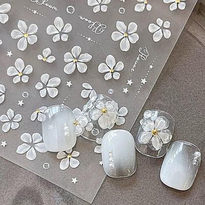 Eunice Mula Flower Nail Sticker 3D Ice Flower Sticker Wedding Daily Nail Art 2 Pcs White