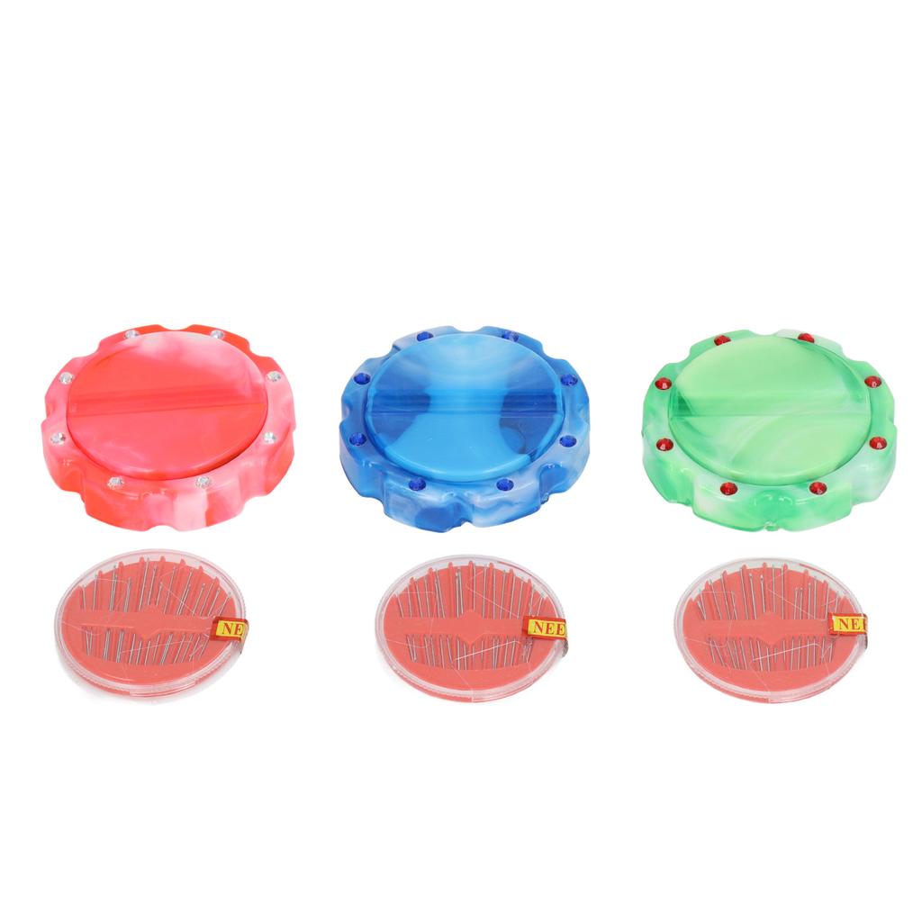 3 Pcs Pin Cushion Pink Blue Green Round Plastic Magnetic Sewing Needle Holder Disc Needle Suction with 48 Needle