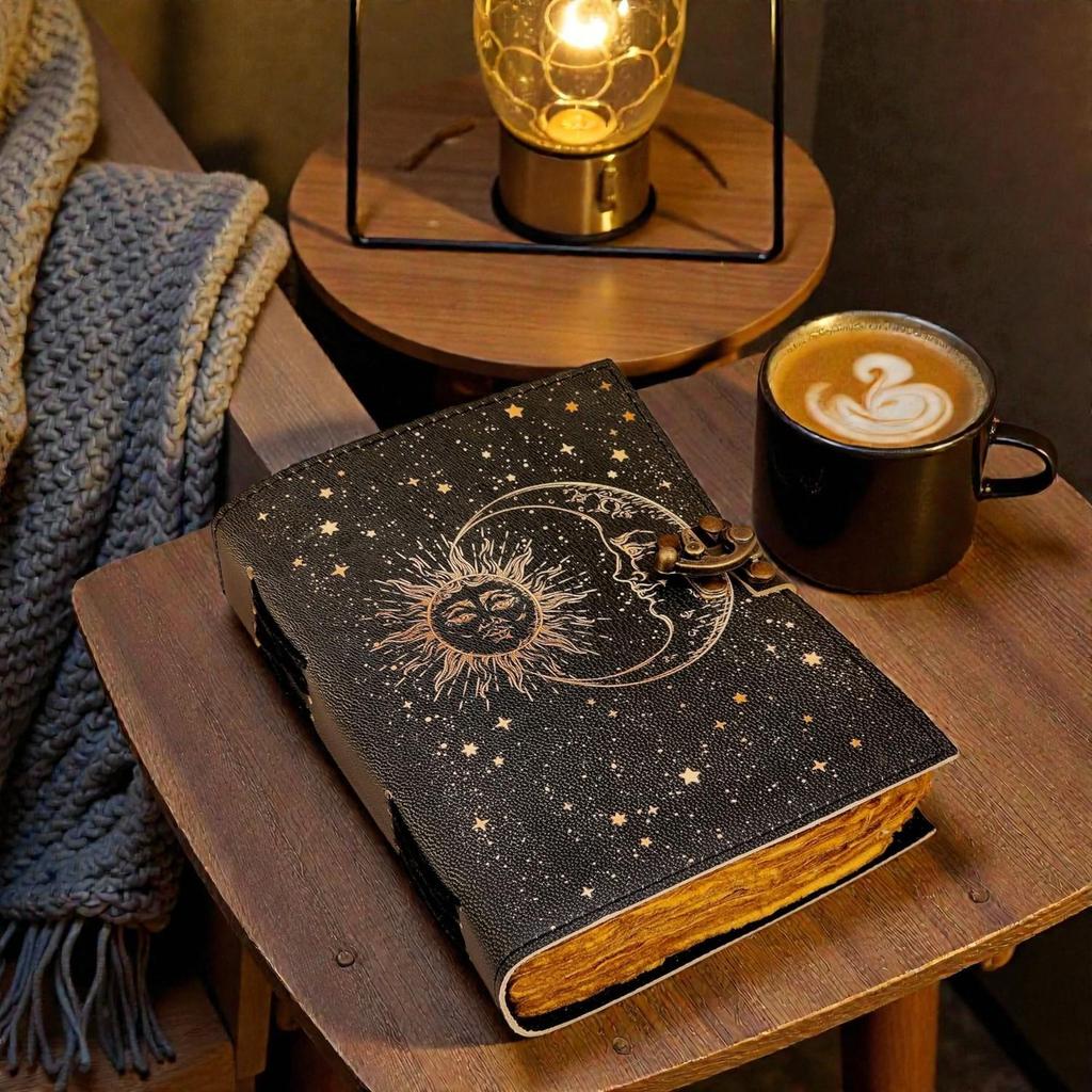 Handmade Sun & Moon Leather Journal | Celestial 5x7" Notebook with 200 Deckle Edge Pages | Vintage Cosmic Diary | Astrology & Witchcraft Writing Book