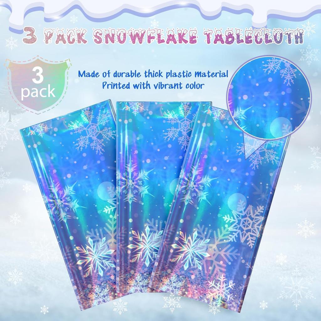 3 Pack Iridescent Winter Snowflake Plastic Tablecloth Decorations, Holographic Blue and Purple Snowflake Winter Wonderland Disposable Table Cover for