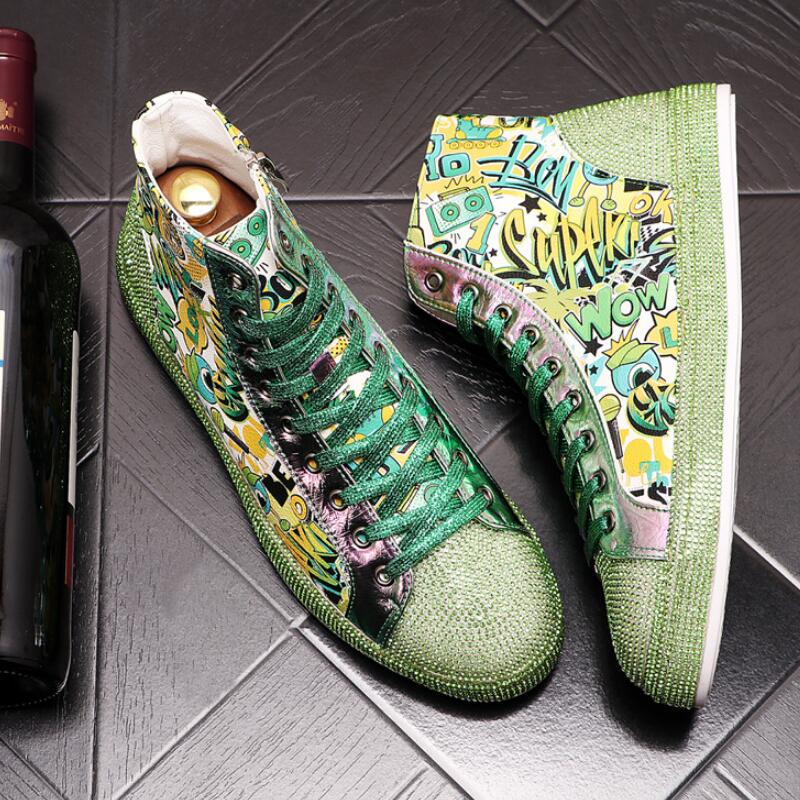 Fashion New Men High Top Ironing Dril Graffiti Board Spirit of Th E Young Man Dazzle Color Leather Low-top Casual Shoes A8
