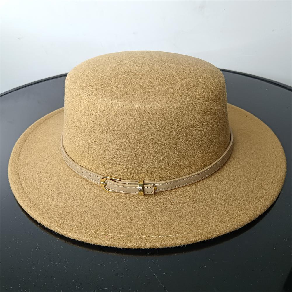 Flat Top Color Belt Tweed Women's Cap Panama Jazz Hat British Style Autumn and Winter Travel Outing Wide-brimmed Hat Wholesale