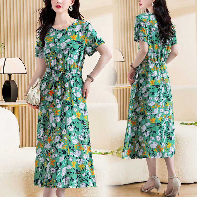 Elegant Plus Size Cotton Silk Knee-Length Dress with Waist Cinch for Middle-Aged Women