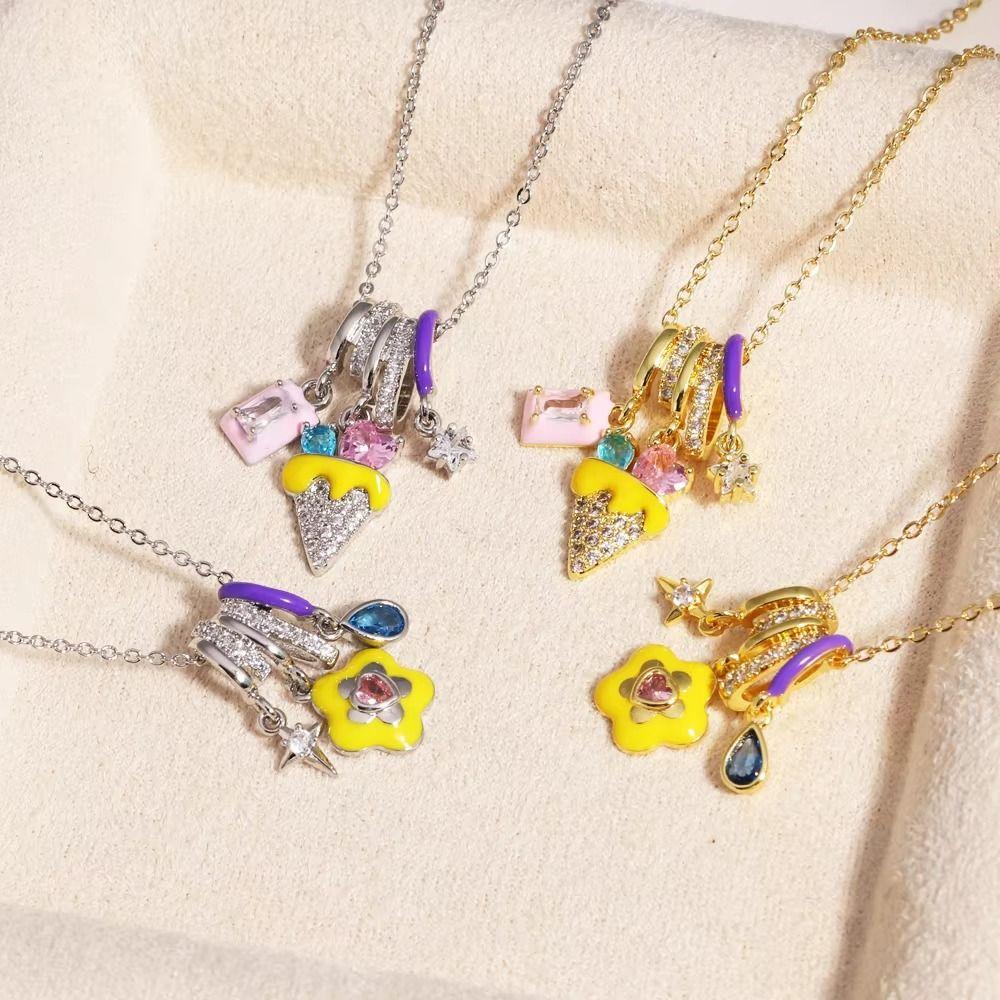 Colorful Ice Cream Necklace Stainless Steel Enamel Pendant Flower Zircon Necklace  Jewelry Gift