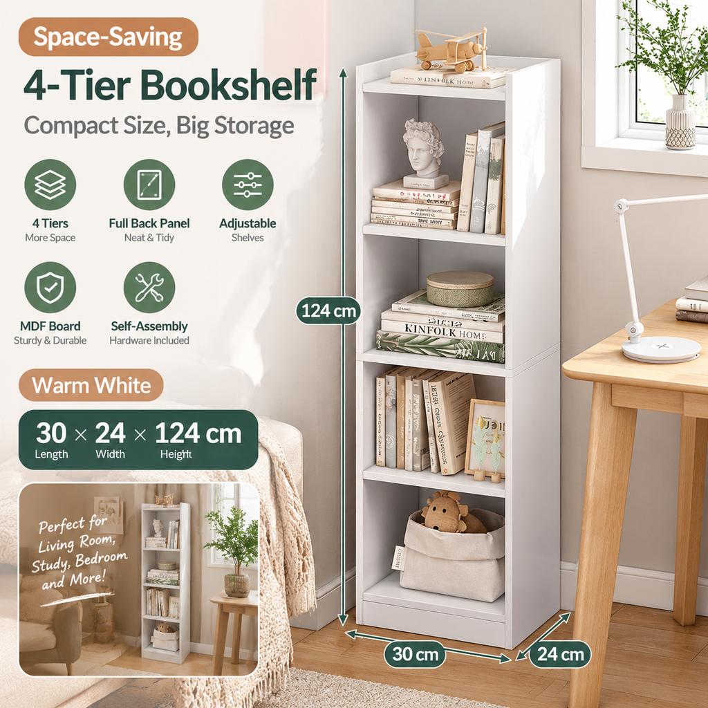 Freestanding Bookshelf Storage Shelf, Warm White, MDF, Full Back Panel, Adjustable Shelves