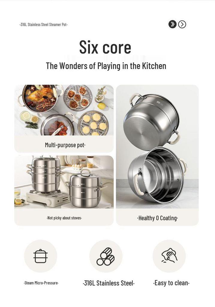 316L Stainless Steel Multi-Layer Steamer Pot for Steaming, Cooking, and Stewing – Induction and Gas Compatible.