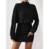 Women's Autumn Winter Fashion High Neck Knitted Sweater Dress Female Casual Solid Loose Long Sleeve Warm Mid Length Dresses