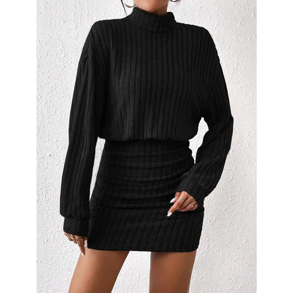 Women's Autumn Winter Fashion High Neck Knitted Sweater Dress Female Casual Solid Loose Long Sleeve Warm Mid Length Dresses