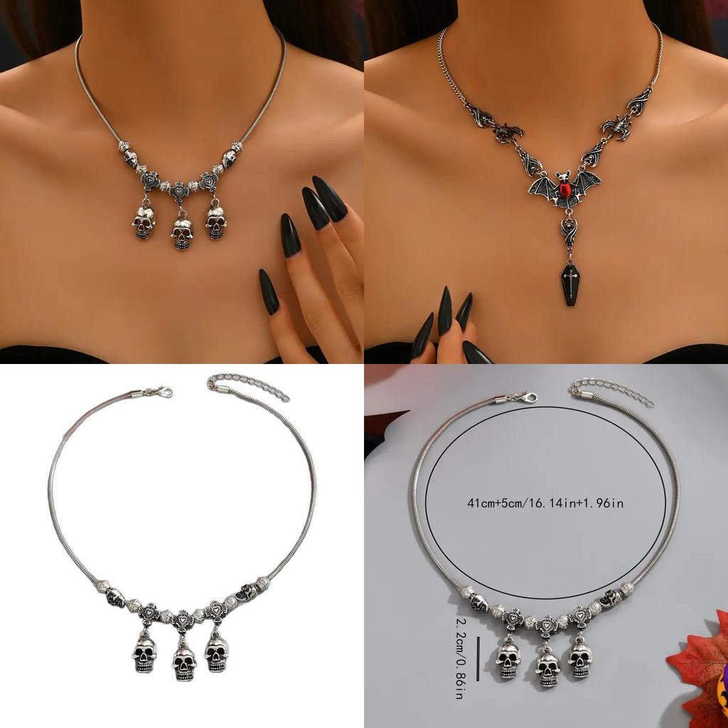 Style Dark Halloween Chain Necklace With Skeleton Head And Bat For Party Decor