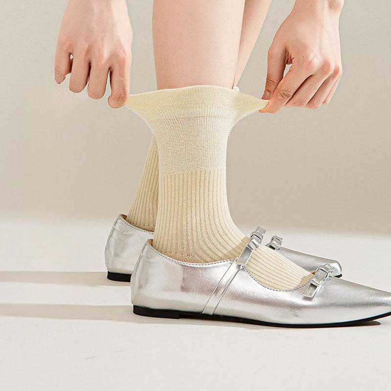 Lace Socks, Women's Mid-calf Socks, Summer Anti-slip Boneless Socks, Spring and Autumn Solid-colored Cotton Socks, Long Calf Pile Socks
