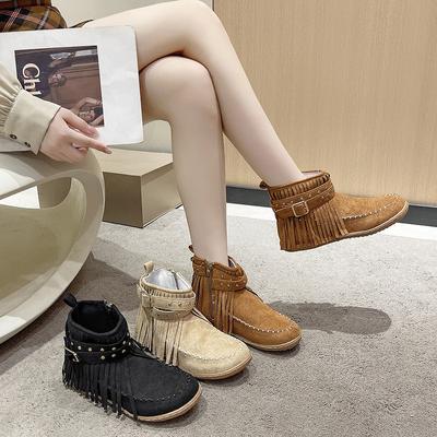 Women's Wide Width Fringe Ankle Boots, Round Toe Flat Sole Martin Boots, European Style Fashion Booties for Women