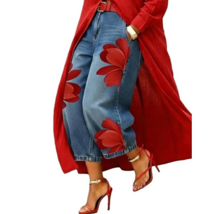 Women's Jeans - High Waist Wide Leg Denim Pants Women Floral Print Casual Loose Fit Comfortable Bottoms Suitable for Every Occasion