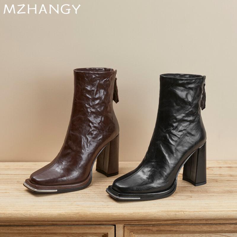 Fashion High Heels Women Square Toe Leather Snow Boots Dress Sexy Fashtion Ankle Boots Women 2024 Trend New Winter Designer Botas Mujer