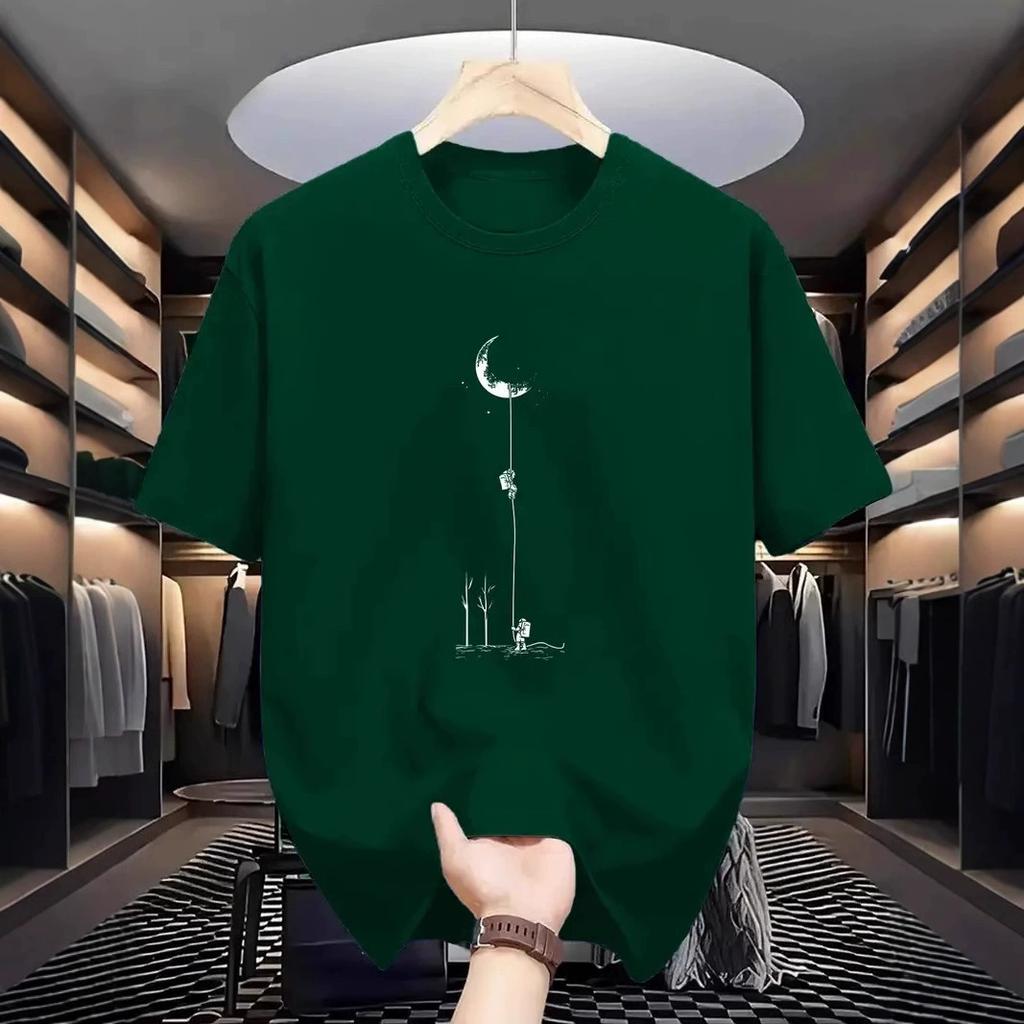 Summer Men's Pure Cotton Casual Loose Fit Plus Size Moon Landing Pattern Printed Round Neck Short Sleeved T-shirt Top