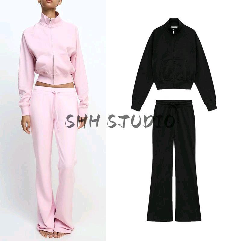 Spring New Women's Clothing Cotton Stand Collar Zipper Sweatshirt 3253328 Casual Sweatpants Bell-Bottom Pants 3253329