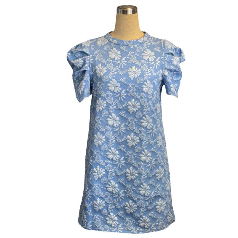 Summer Puff Short Sleeve Textured Jacquard Fashion Dress New Women Crew Neck Retro Elegant A-line Party Short Dress Female Slim Fit Loose Streetwear