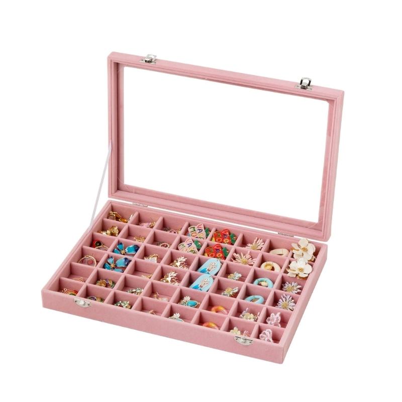 Soft-Lined Jewelry Storage Tray with 48 Sections, Adjustable Dividers, and Clear Cover for Dresser or Drawer Storage
