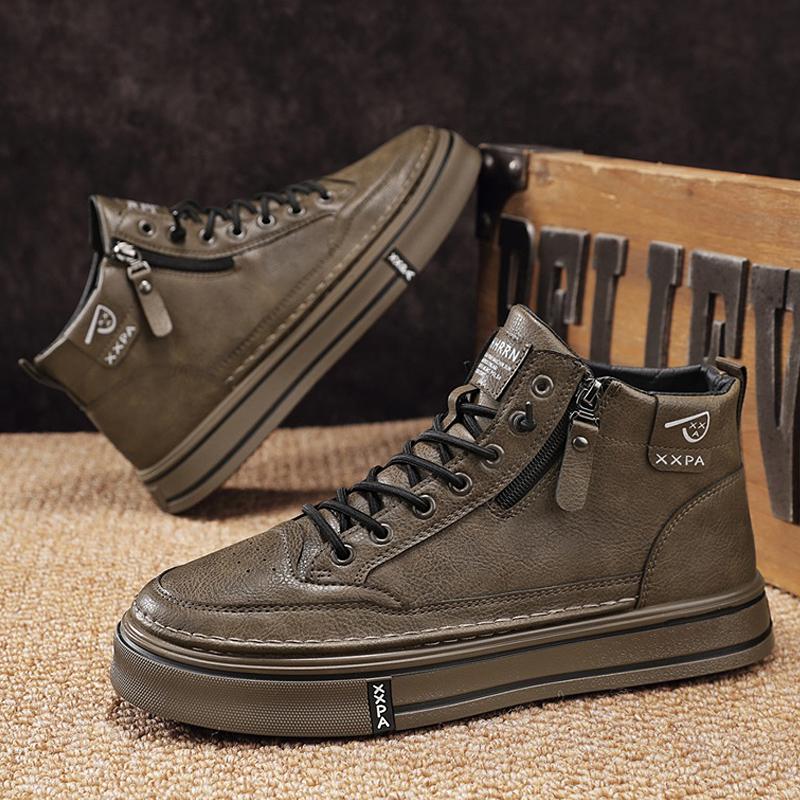 

High Quality Men s Casual Shoes Fashion Leather Board Shoes Comfortable Platform Short Ankle Boots Slip on Man Walking Sneakers 39 хаки