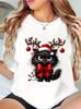 Ladies' Christmas Cat T-shirt Adorable with A Christmas Hat and Antlers Perfect for Holiday Parties Harajuku Short Sleeve Casual