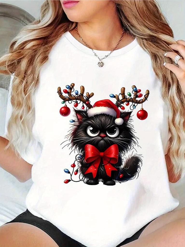 Ladies' Christmas Cat T-shirt Adorable with A Christmas Hat and Antlers Perfect for Holiday Parties Harajuku Short Sleeve Casual