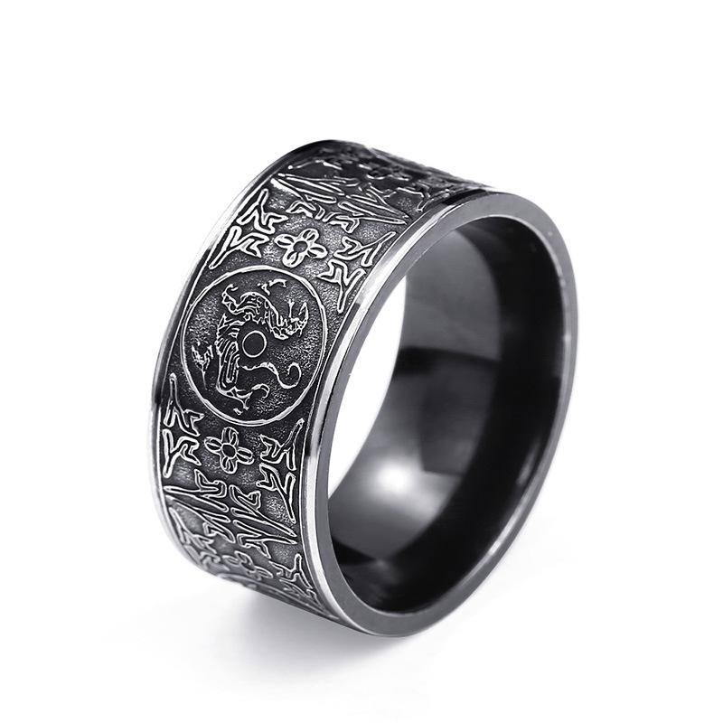 Black Plated Titanium Steel Narrow Men's Ring With Four Divine Beasts Design