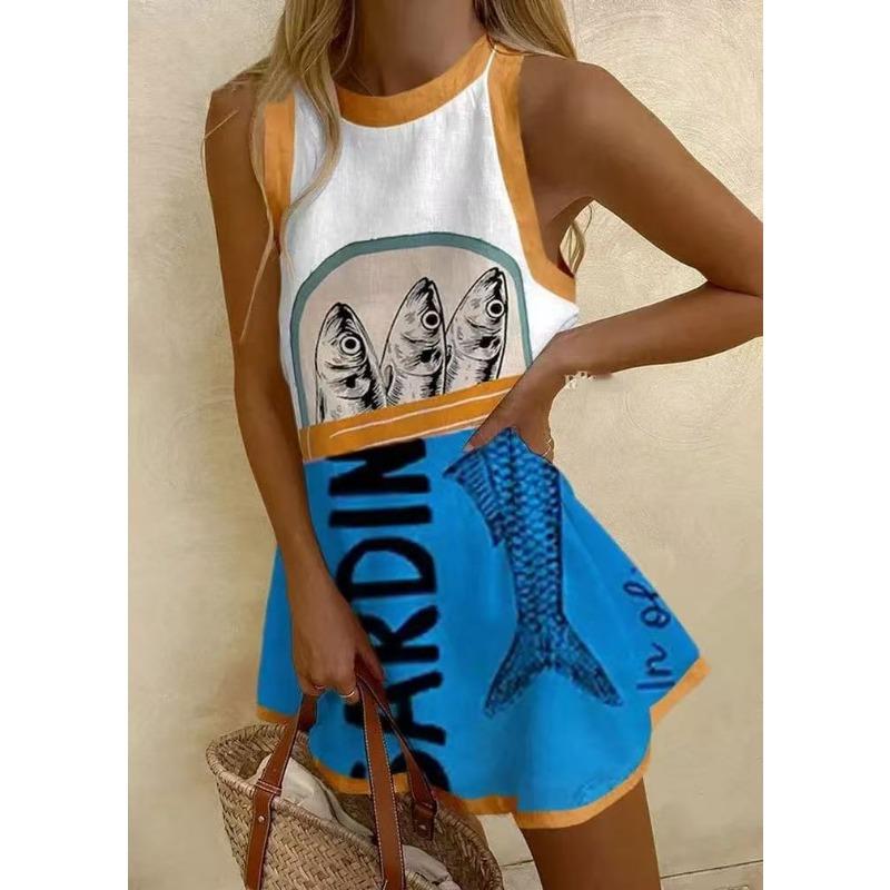 Round Neck Sleeveless Ocean Element Casual Women's Dresses