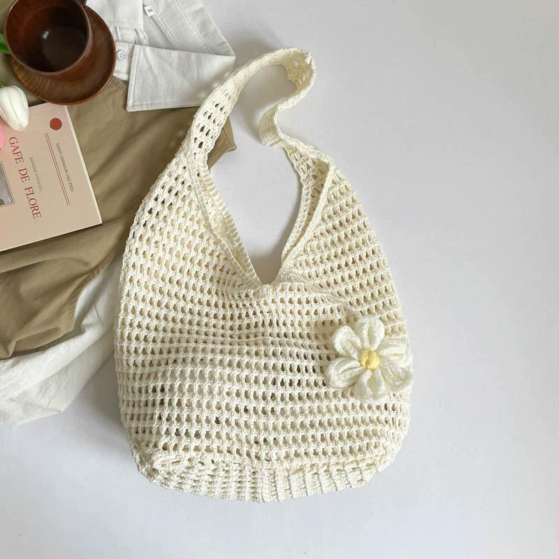 Solid Color Knitting Shoulder Bag Flower Large Capacity Bohemian Crochet Tote Bag Hollow Out Versatile Casual Woven Handbag