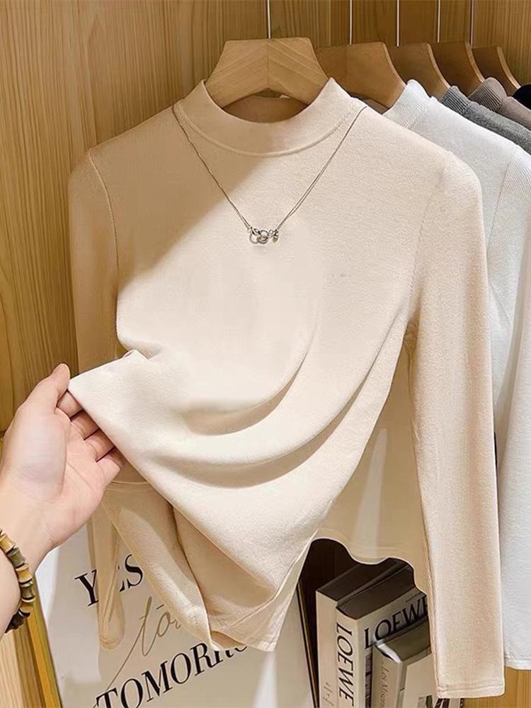 Women's Long-Sleeve Casual T-Shirt - Stylish Thick Warmth, Half-High Collar for Autumn/Winter 2026 Trend