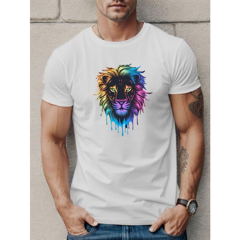 European Size Men'S Casual Neon Lion Face T-Shirt - Summer Short Sleeve Crew Neck Top, Knit Fabric, Regular Fit, Stretchy, Geometric Pattern