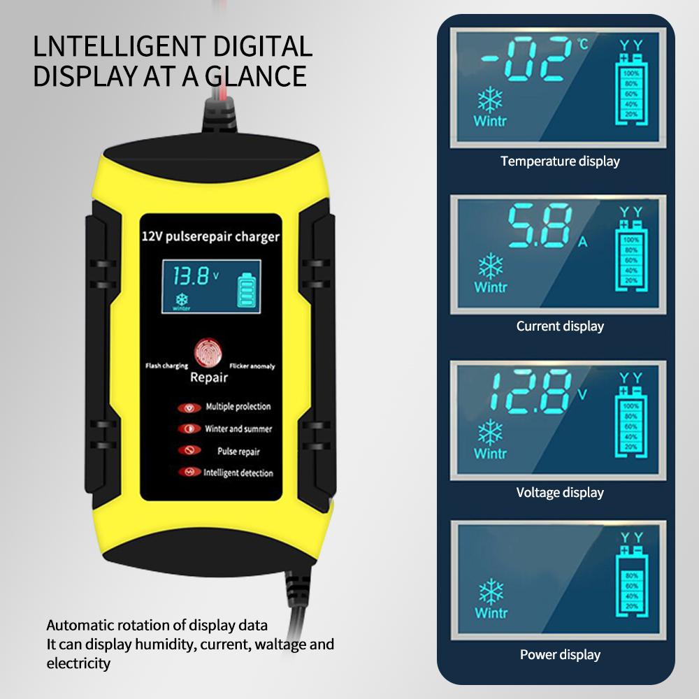 12V 6A Plně automatická nabíječka autobaterií 110V až 220V Rychlá výkonová pulzní opravná nabíjení pro mokré suché olověné kyseliny s digitálním LCD displejem