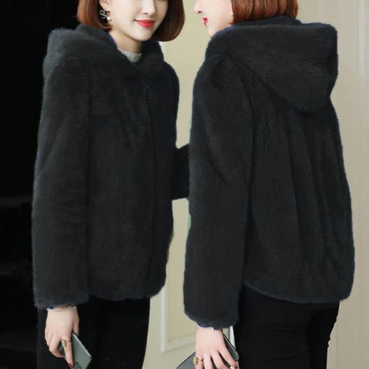 Women's Warm Zippered Hooded Sweater Solid Color Coral Velvet Loose Lamb Wool Jacket Double Sided