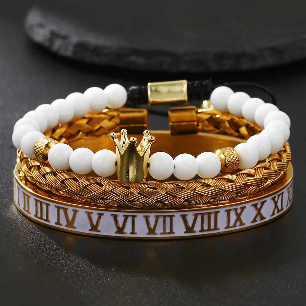 Mens And Womens Stainless Steel Skull Bracelets With Roman Numerals And Crown Motif