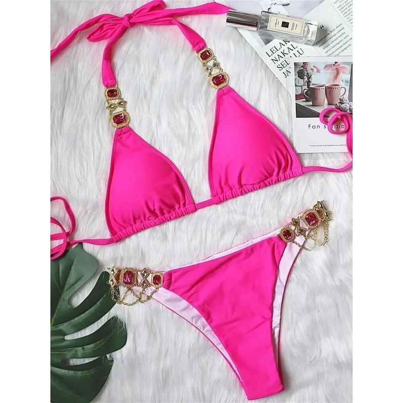 

2025 Блискуче стразове діамантове бікіні Жіночий купальник Жіночий купальний костюм Комплект бікіні з двох частин Халтер Металеві ланцюжки Купальний костюм L