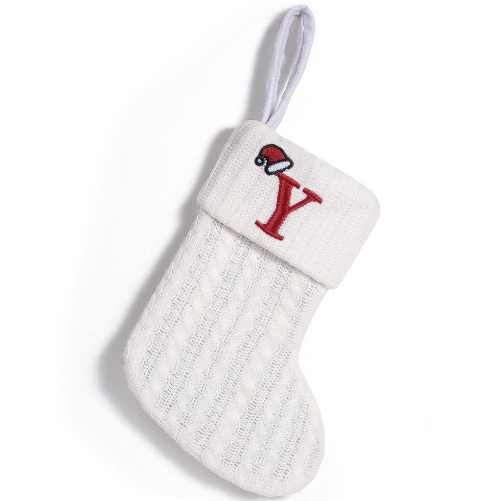 Cross-Border White Knitted Christmas Stocking with Letter Embroidery – Decorative Gift Bag Ornament.