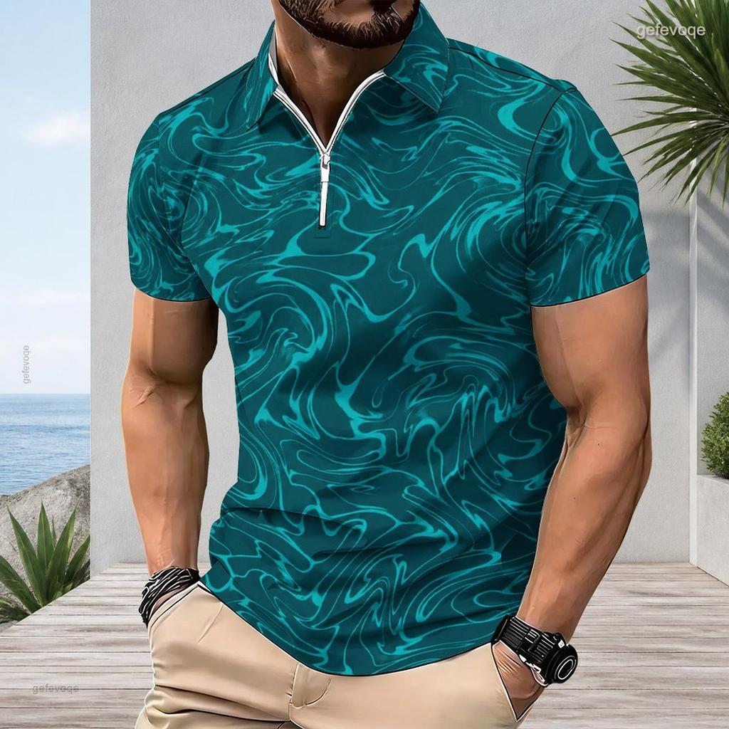 Men Plus Size Short Sleeve Quarter Zip Collared Colorful Graffiti Printed Polo Shirt