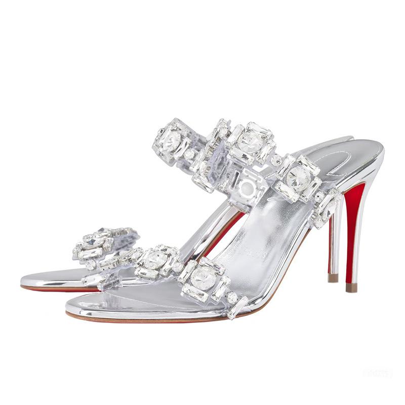 

Fashion Diamond-Studded Rhinestone High Heel Slippers Sexy French Style One-Strap Open-Toe Sandals Outdoor Wear Silver Women Shoes 35