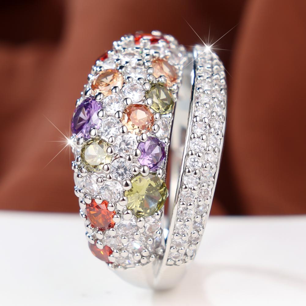 Luxury Silver Color Ring for Women Multi Color Round Zircon Paved Evening Party Banquet Fashion Jewelry Gift