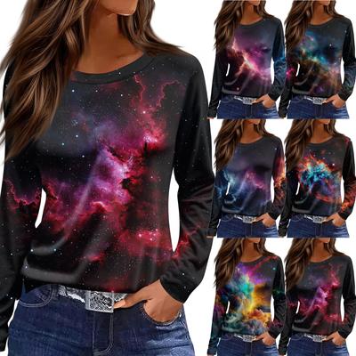 Women's Fashion Casual Slit Hem Round Neck Long Sleeve Loose Printed T,Shirt Ladies Top
